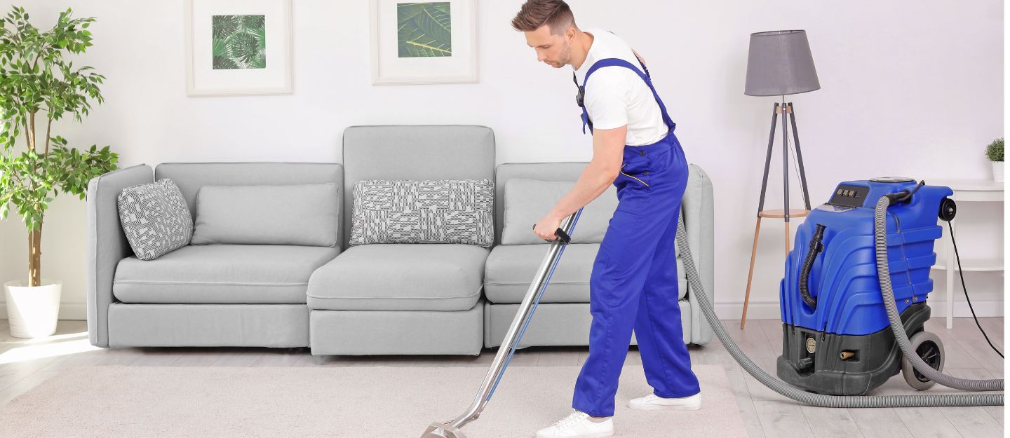 A professional cleaner using a vacuum on a carpet in a living room, representing carpet cleaning in Dubai.