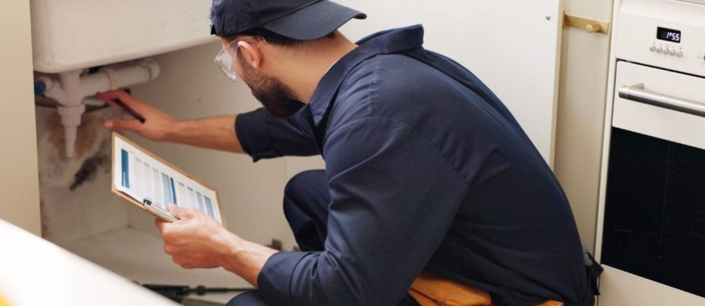 Plumber inspecting kitchen sink pipes
