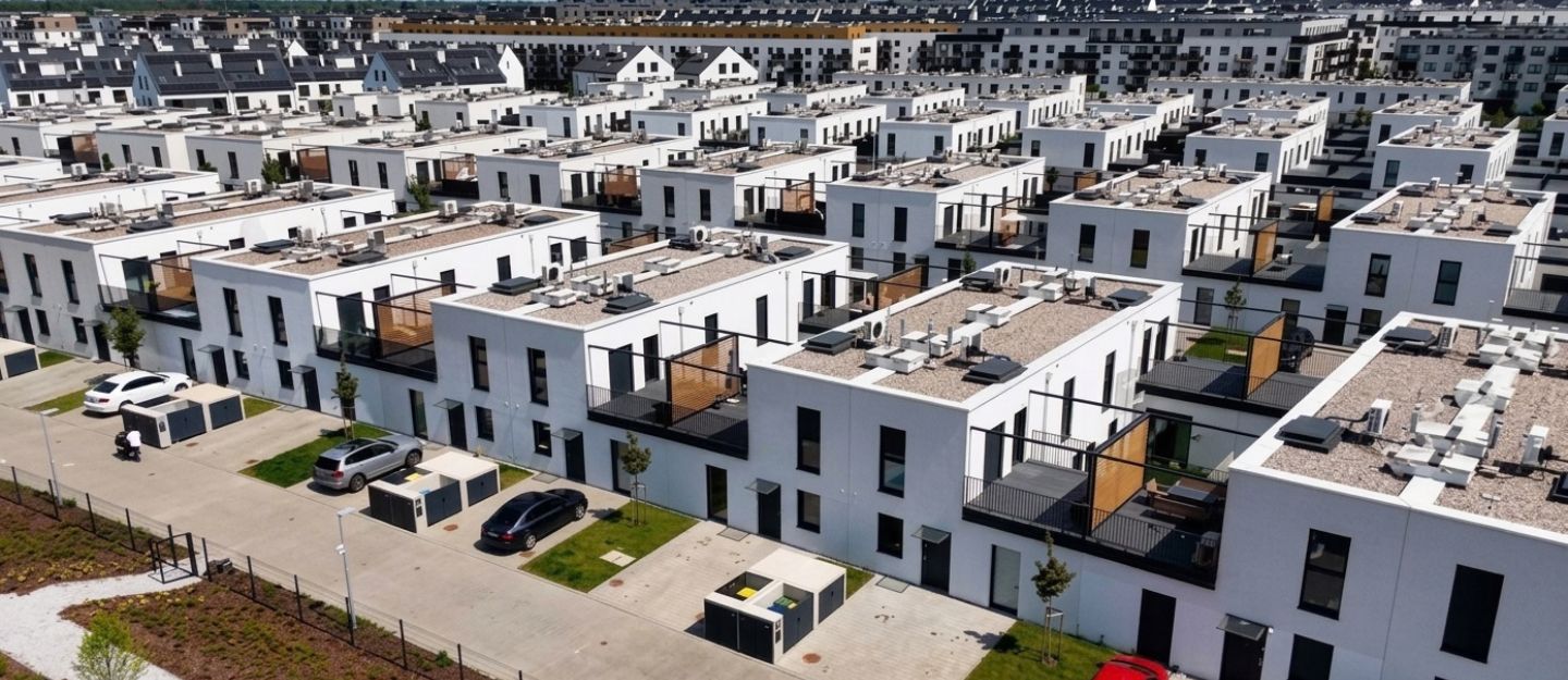 An aerial view of rows of attached modern villas and townhouses.