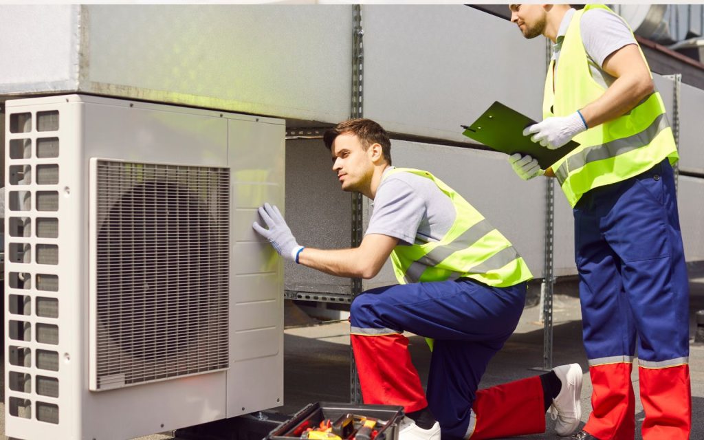 Team member from one of the air conditioning maintenance companies in uae inspecting the unit