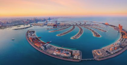 Aerial view of Palm Jumeirah in Dubai showcasing its iconic palm-shaped layout