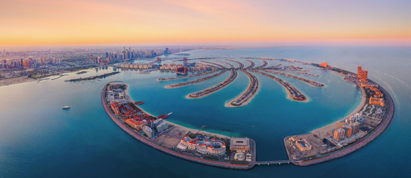 Aerial view of Palm Jumeirah in Dubai showcasing its iconic palm-shaped layout