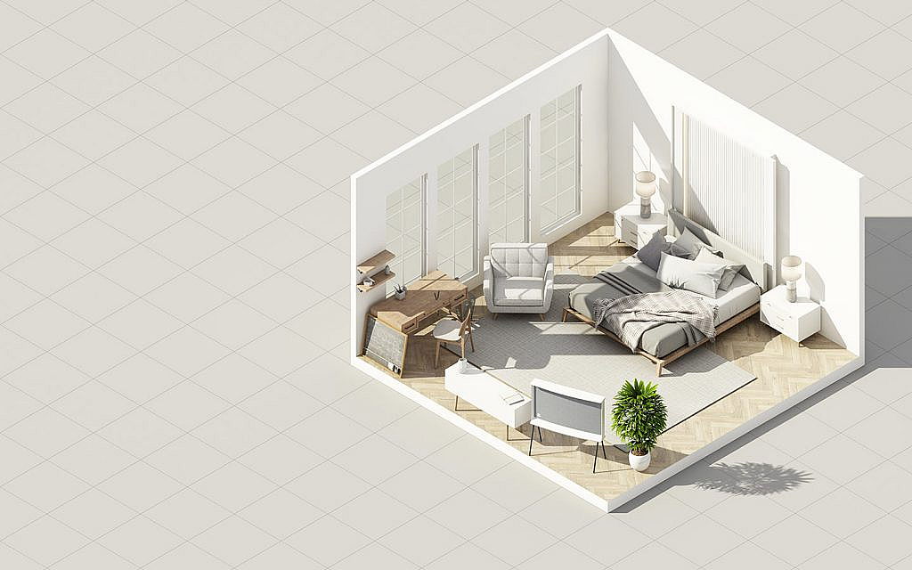 An L-shaped floor plan of a bedroom