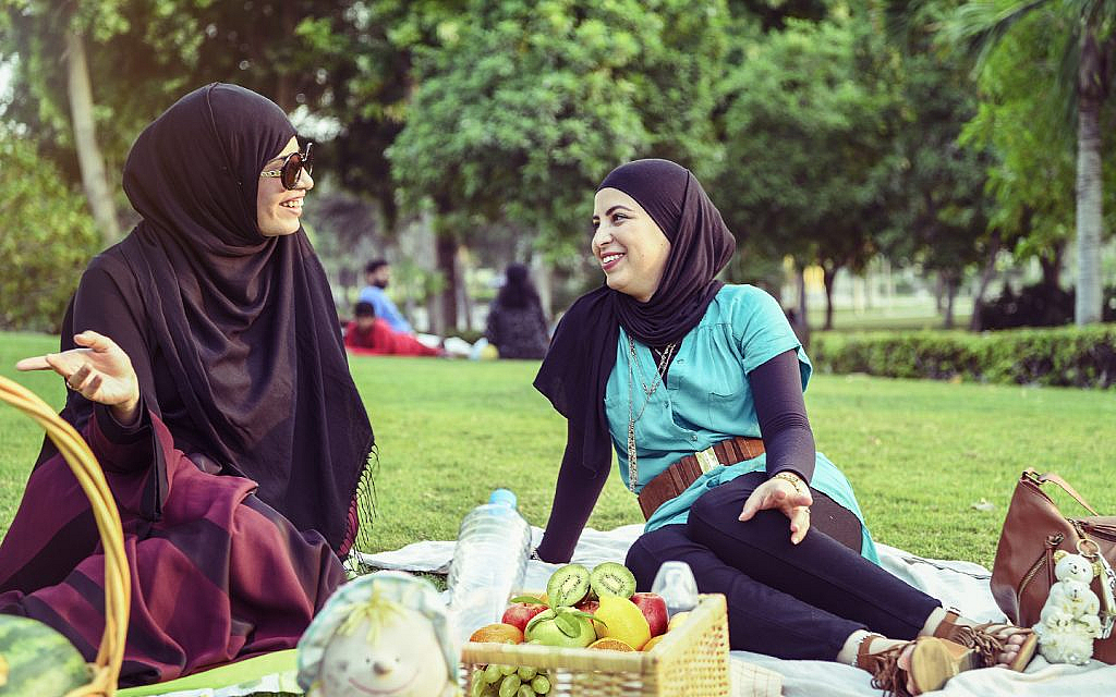 Two women engage in a cordial conversation during a picnic, seated upon a blanket amidst a verdant park setting.
