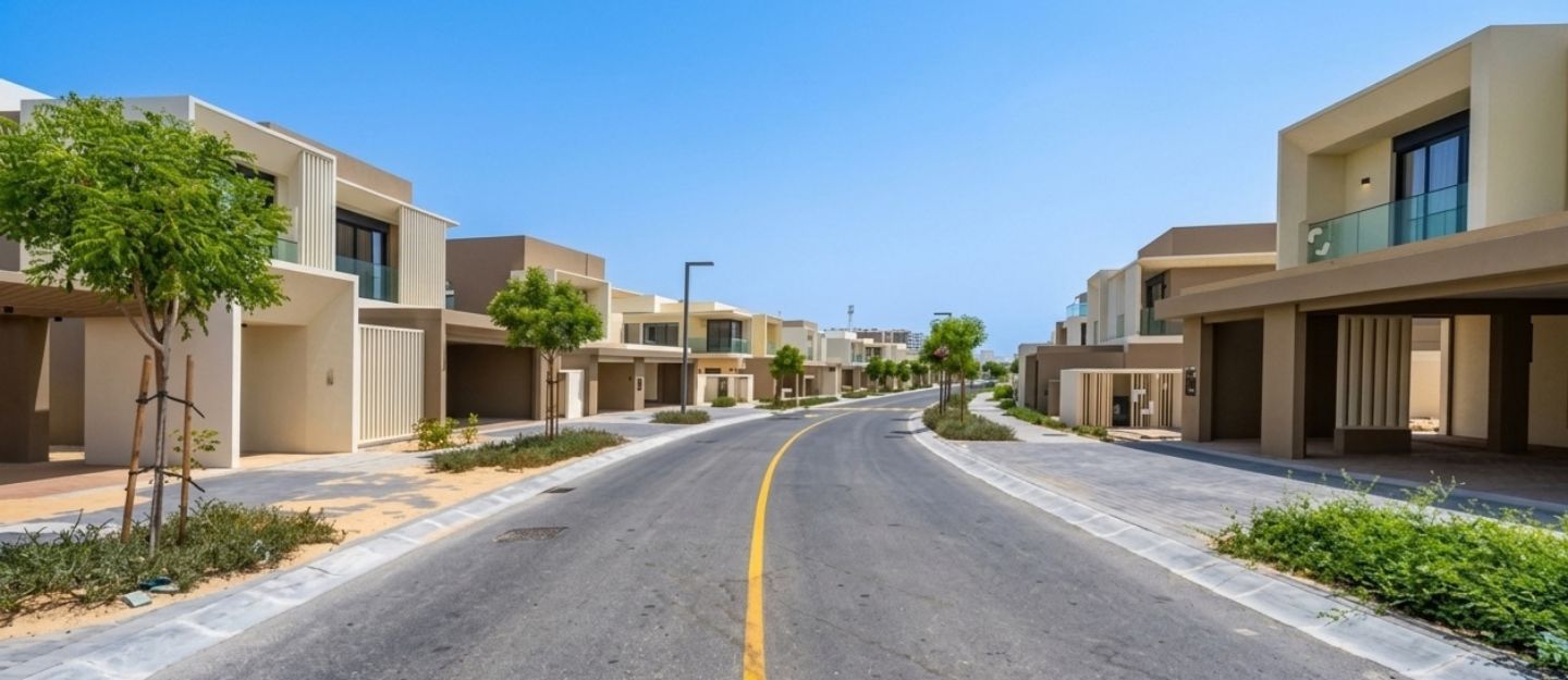 A quiet paved street lined with modern villas in Mudon.