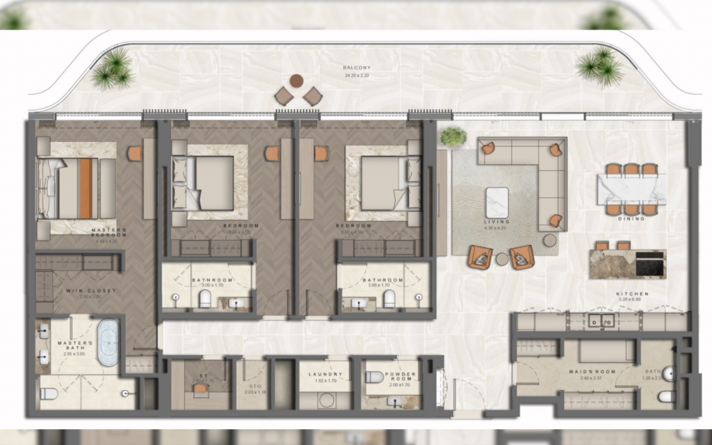 The floorplan of 3-bed apartment in The Arthouse