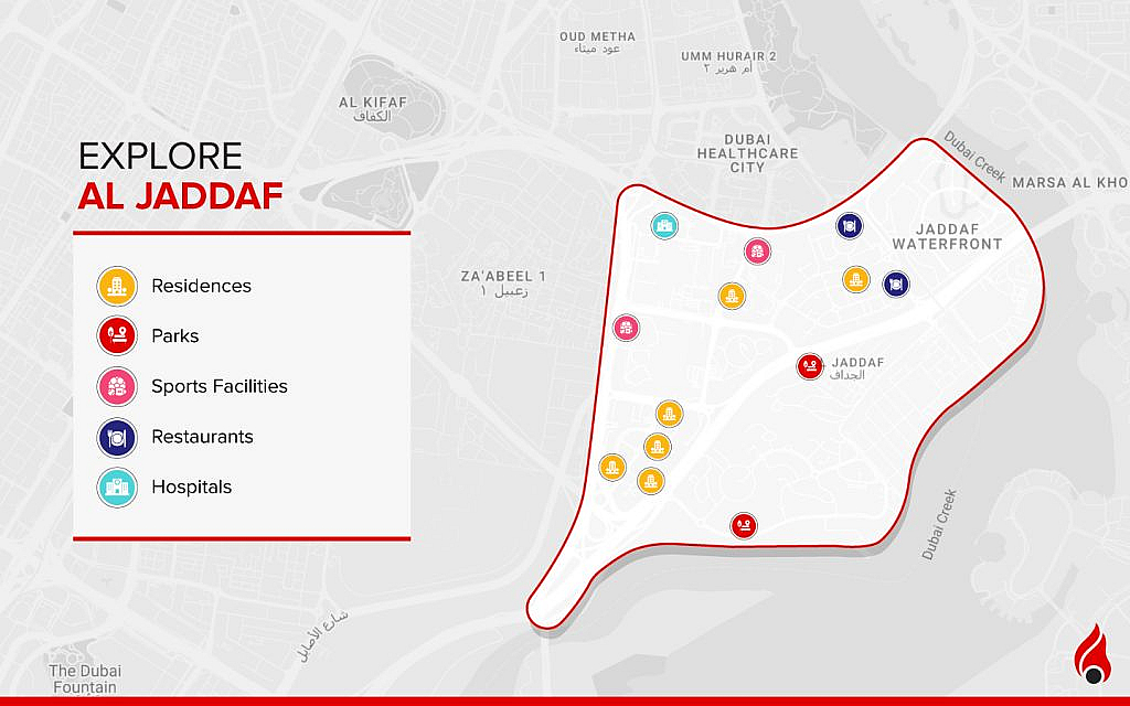 Al Jaddaf is located in western Dubai, west of Dubai Creek