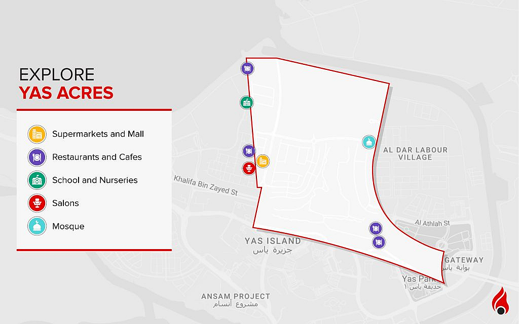 Aerial view of Yas Acres community, Yas Island.