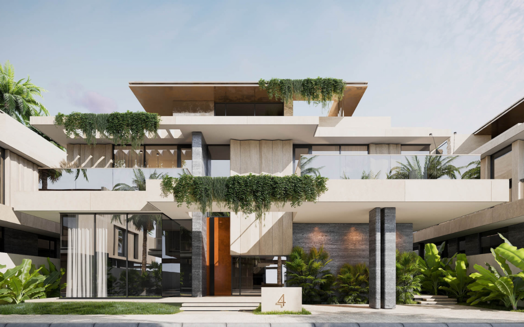 The front facade of a villa in Mira Villas