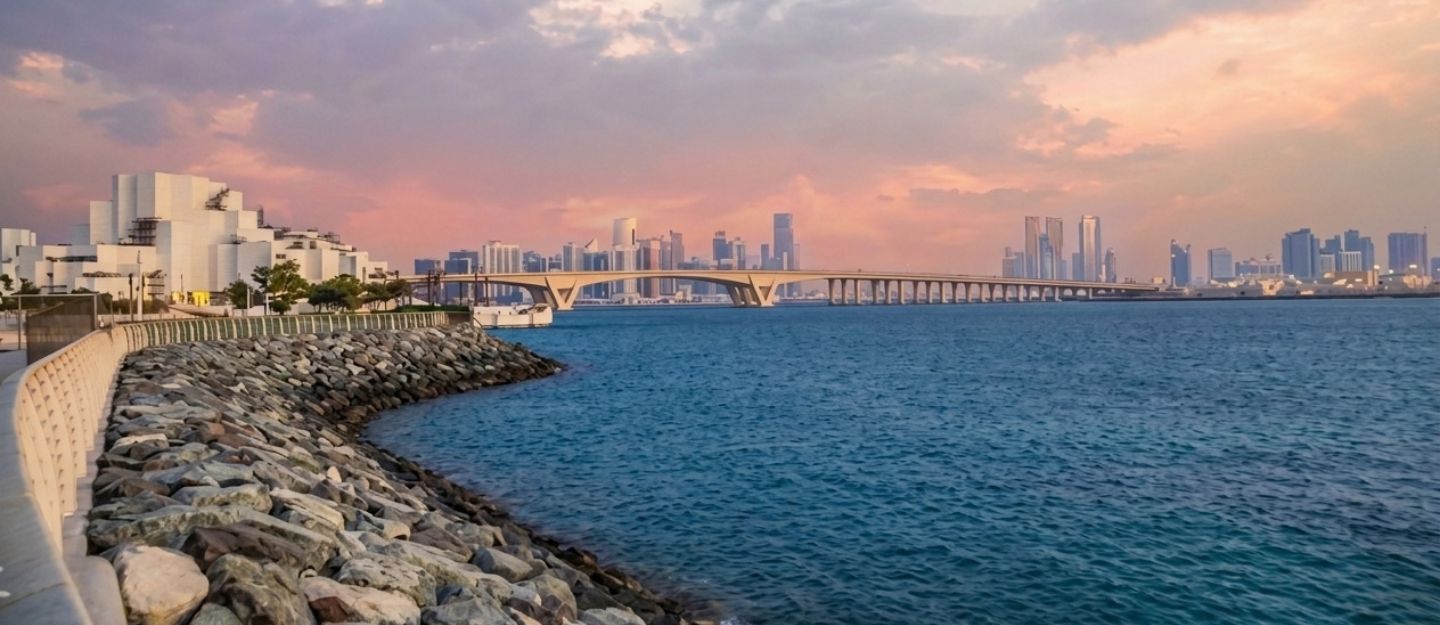Scenic waterfront promenade view near Mamsha Garden in Saadiyat Island.