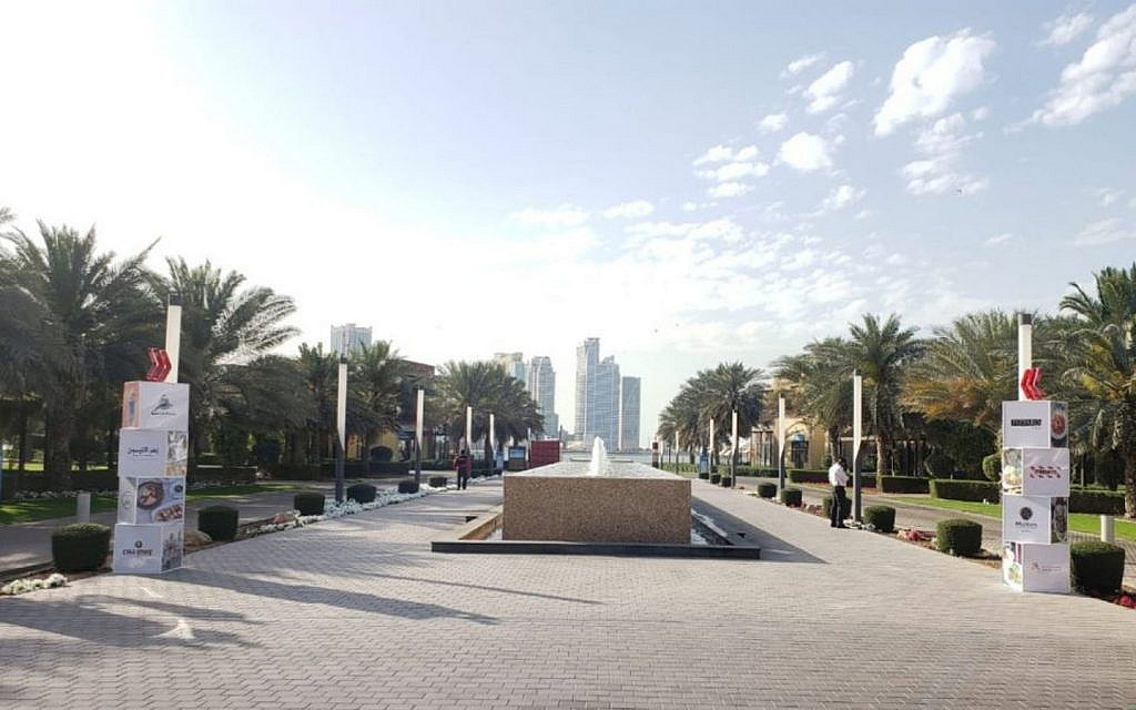 Walkway in a park lined with date palm trees