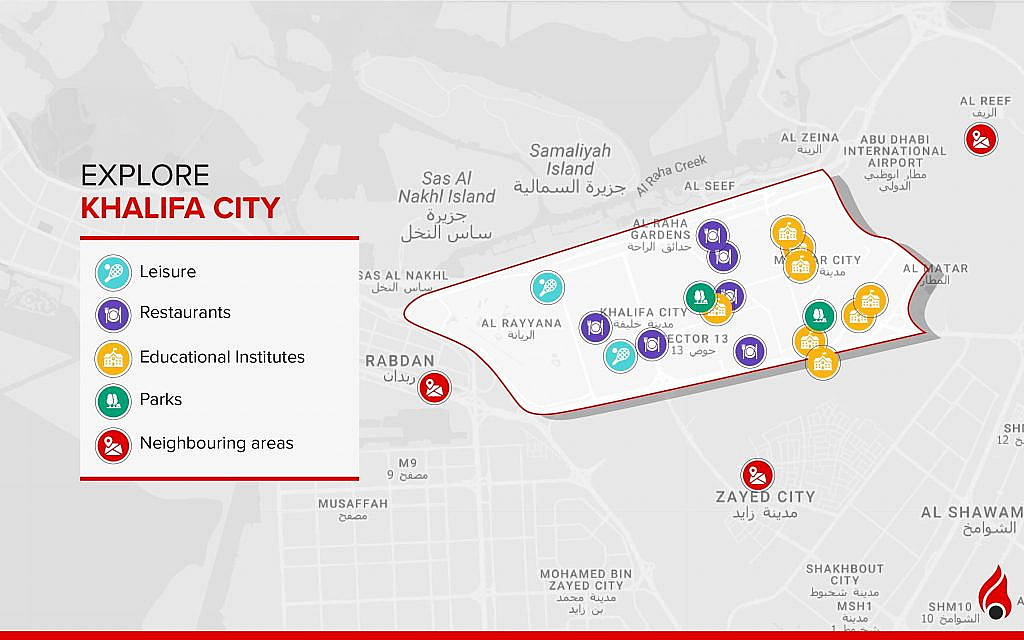 A map showing major locations of Khalifa City