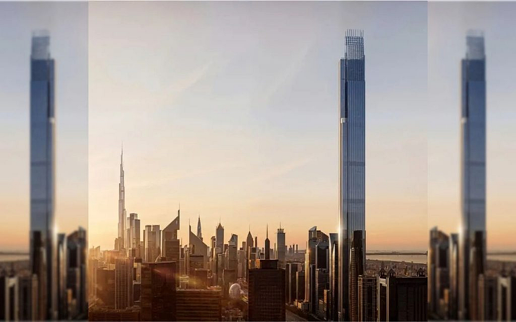 Burj Azizi skyscraper between other tall buildings