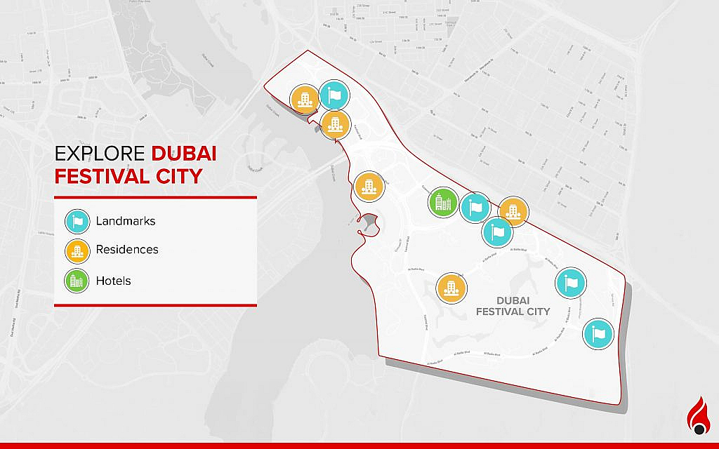 map showing Dubai festival city and community landmarks