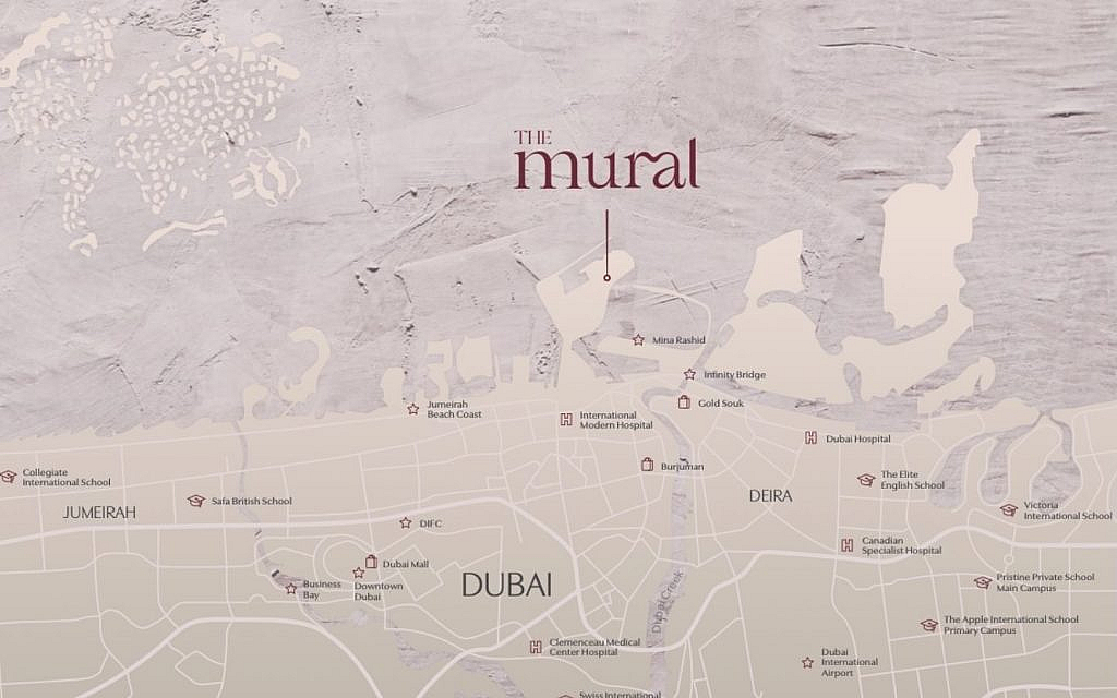 Location map of The Mural by Beyond, showing its prime seafront position in Dubai Maritime City.