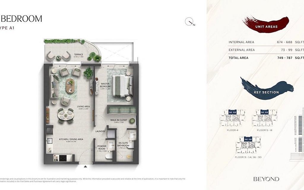 One-bedroom apartment floor plan at The Mural by Beyond, showcasing a spacious layout with modern design.