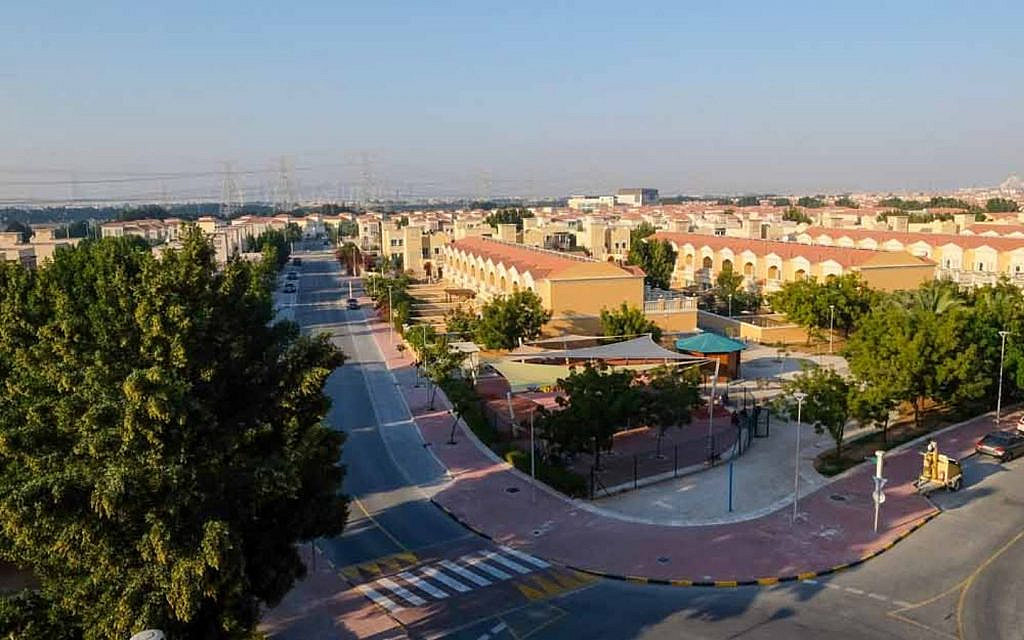 Aerial view of residential villas and streets in the Al Furjan community of Dubai.