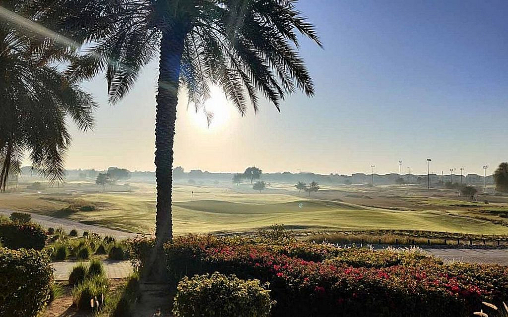 Palm trees overlooking a golf course with morning fog, at Arabian Ranches