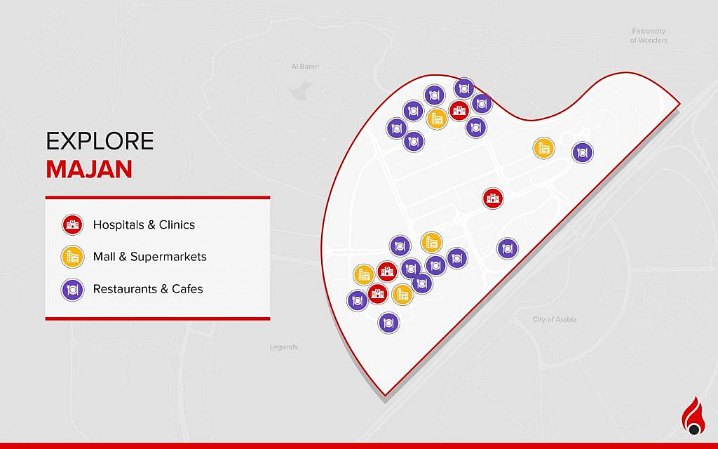 Map illustrating 'Explore Majan' with icons for hospitals, malls, supermarkets, and restaurants.