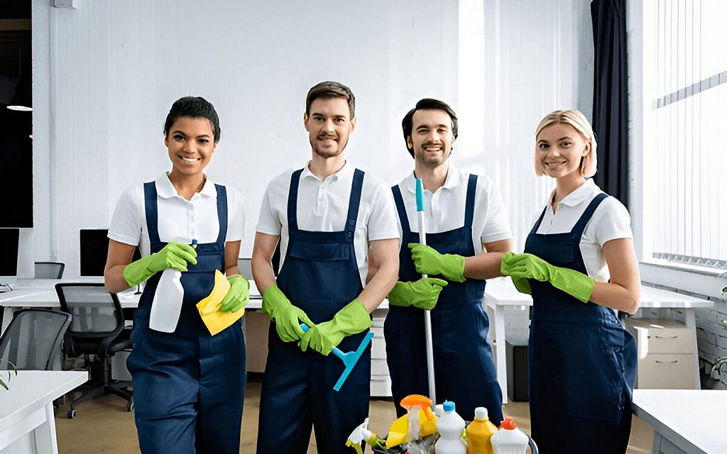 A team of water tank cleaning professionals with cleaning essentials