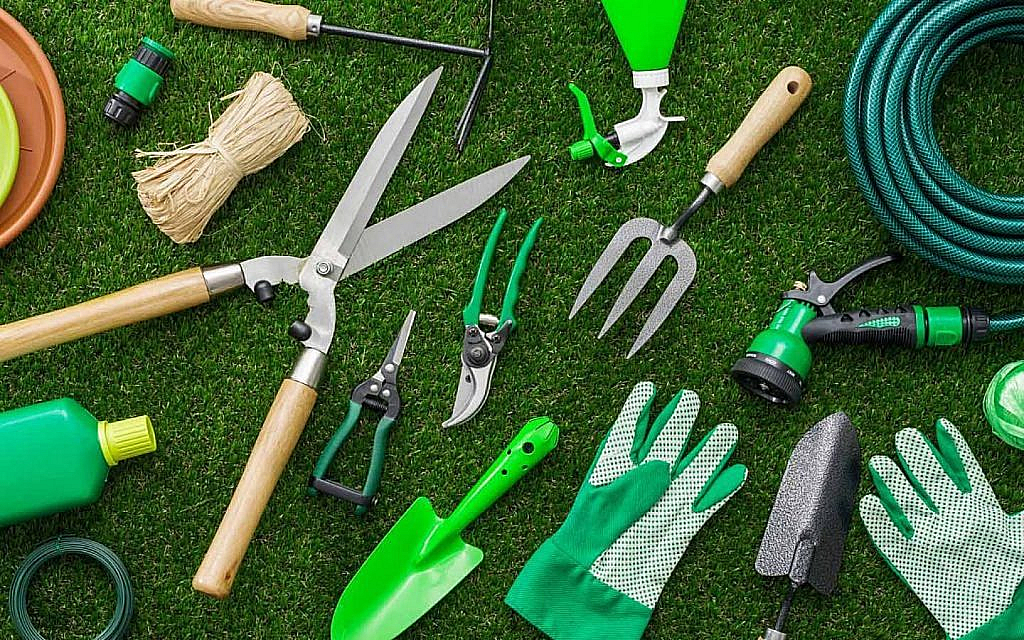 Top-down view of various gardening tools and supplies laid out on green grass.