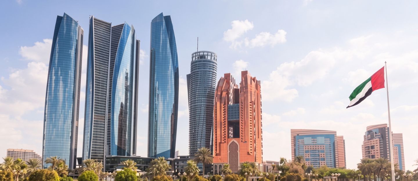 Modern skyscrapers behind green lawn with the UAE flag flying.