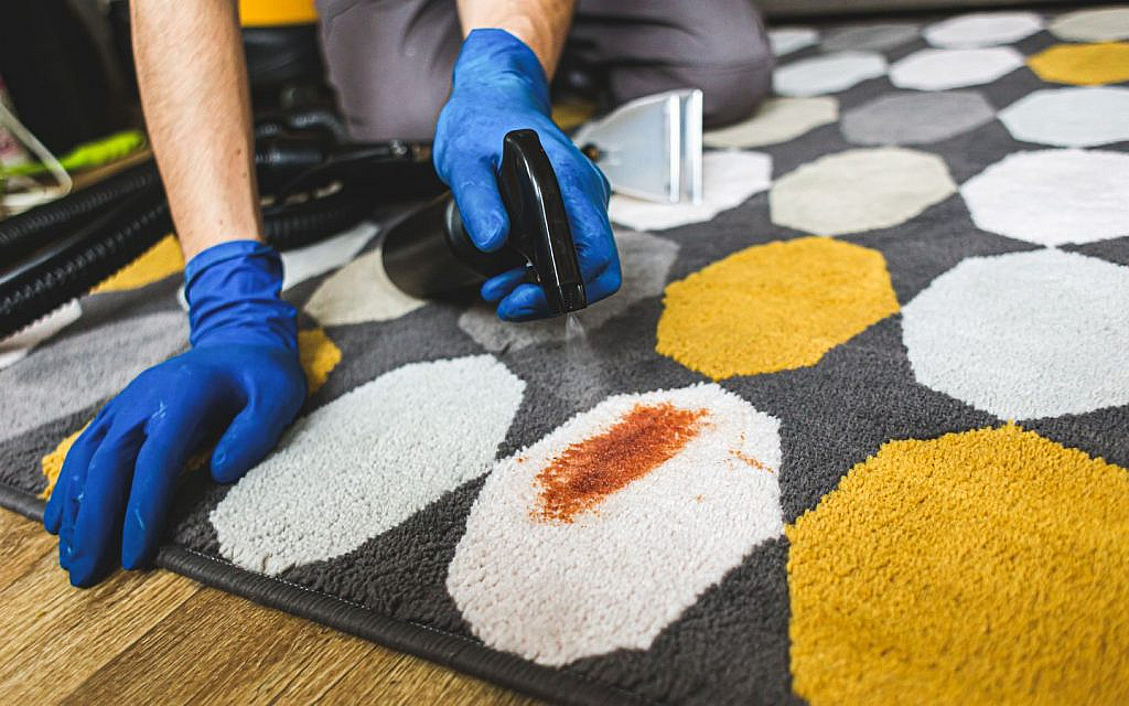 Person's gloved hands cleaning a red stain from a patterned rug with a cleaning tool.
