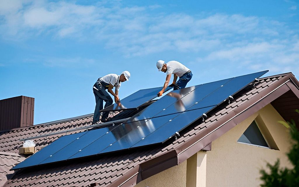 Workers from the consumption management service provider are installing a solar panel at a home