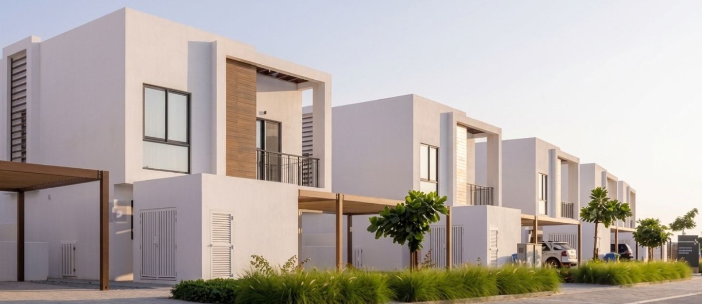 A row of modern affordable villas in Dubai with landscaping.