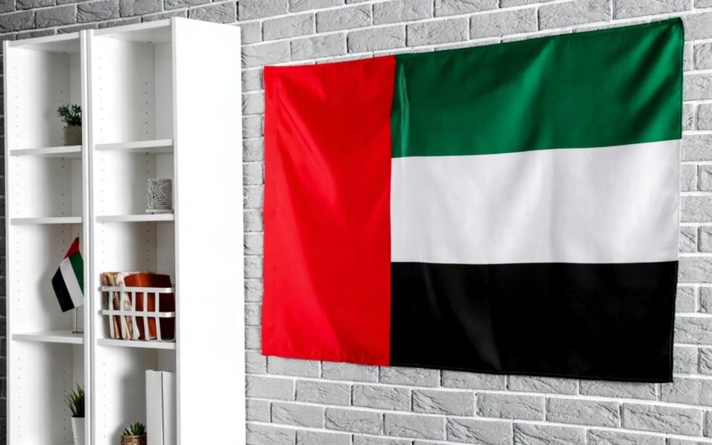 UAE flag placed on a wall next to a book shelf