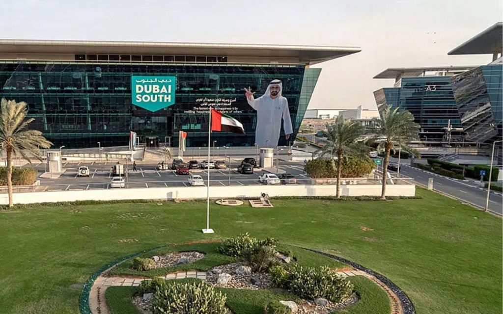 Aerial view of a building in Dubai South
