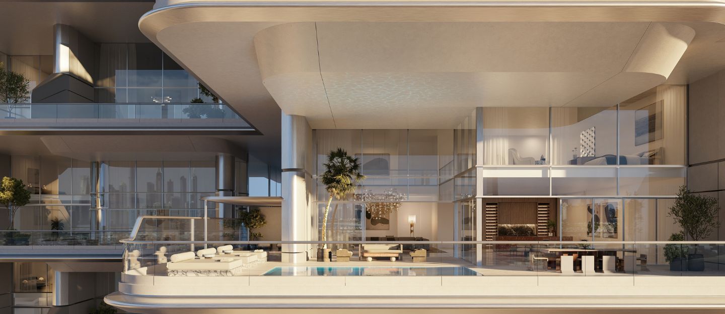 Modern luxury penthouse balcony featuring an outdoor pool and glass walls.