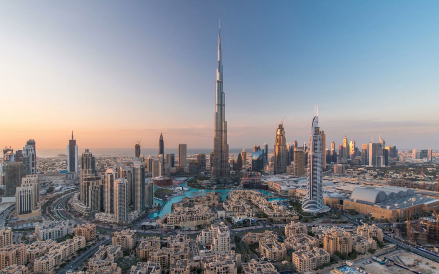Aerial view of Downtown Dubai with Burj Khalifa