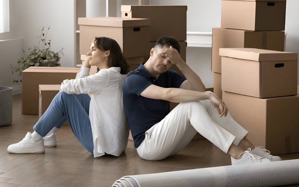 زوج وزوجة يجلسان على أرضية المنزل بجانب صناديق نقل الأمتعة