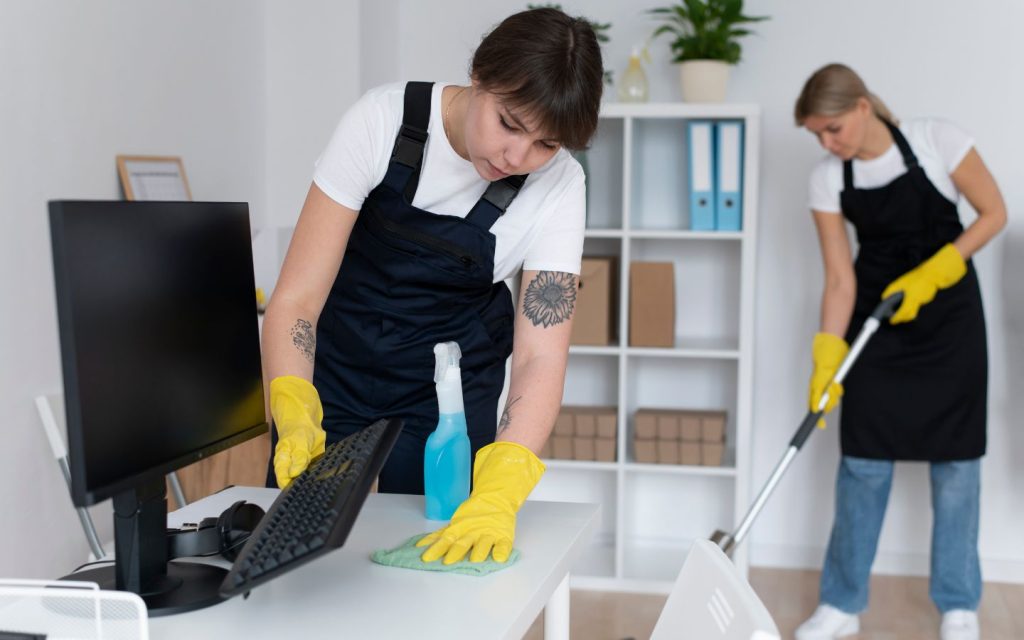 Staff cleaning a room of holiday home