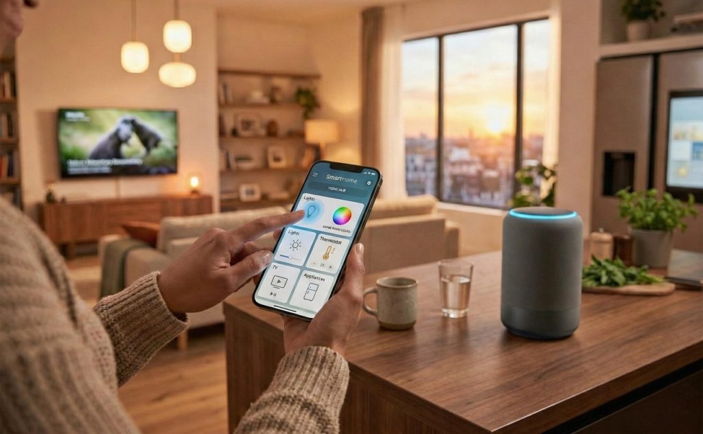 A person using a smart home app on a mobile device
