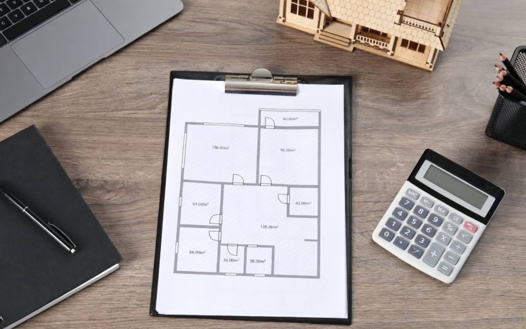 A construction blueprint with a calculator on the right side