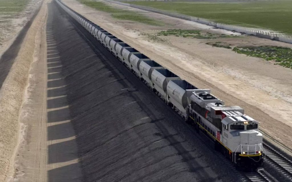 Etihad rail crossing through a desert in in Abu Dhabi