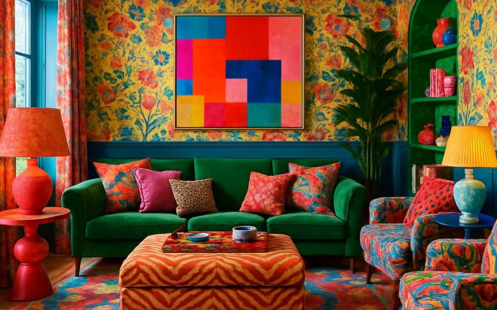 An eclectic, maximalist living room featuring a plush emerald green sofa