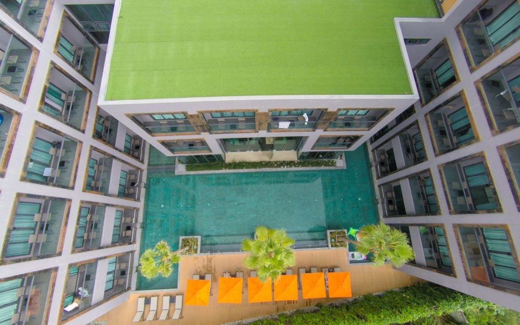 Aerial view of amenities in between apartment complex