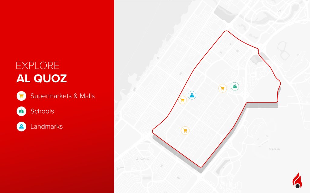 a map of Al Quoz with landmarks and facilities