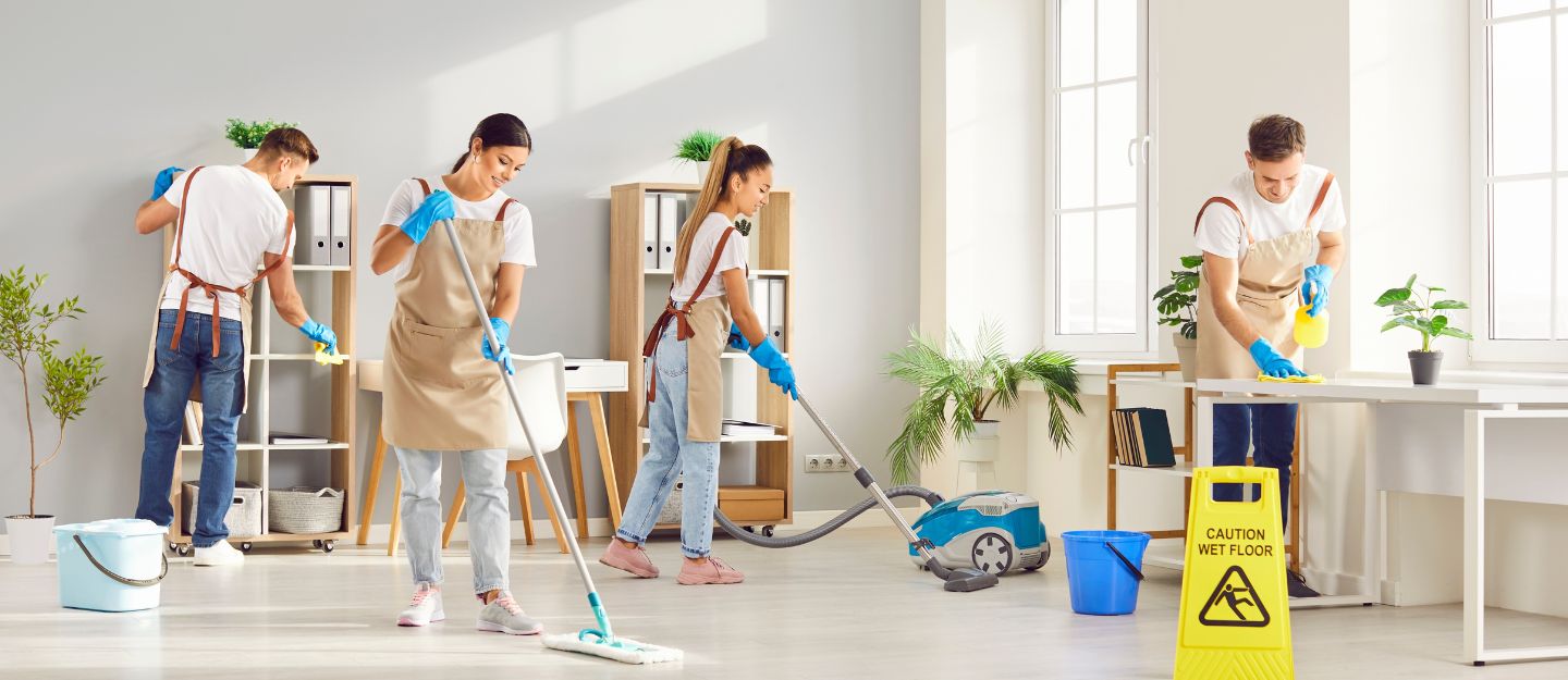 workers of a cleaning company in Ajman clearing the floor