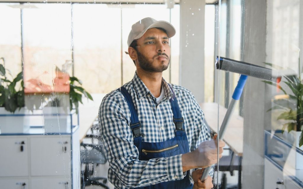 Man cleaning cleaning glass window