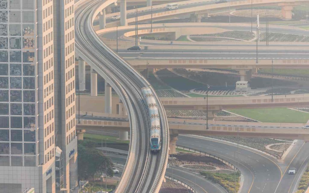 aerial view of a train in a city
