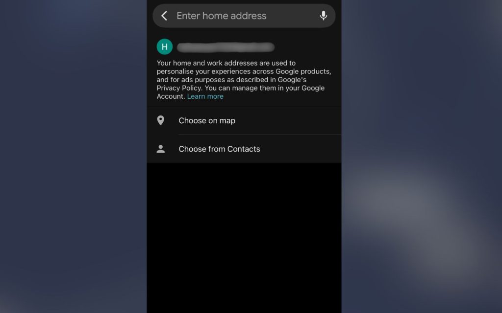 A mobile interface showing the "Enter home address" screen