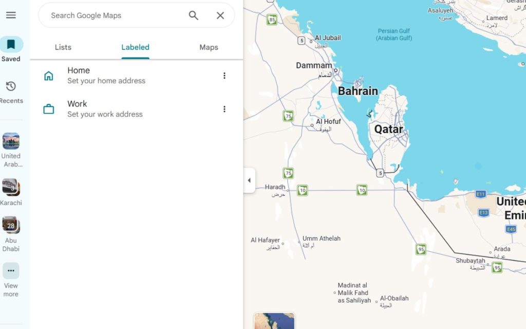 A side-by-side view of the Google Maps desktop interface with a cursor hovering over the "Home" entry in the Labeled list.