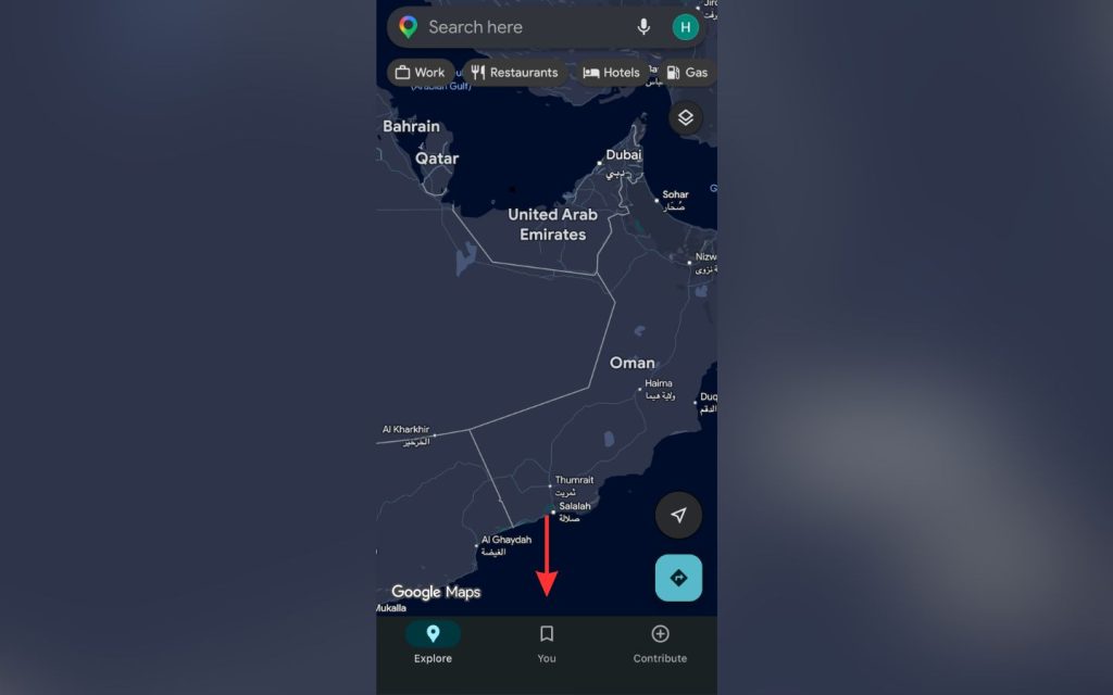 Google maps application with arrow pointing towards 'Saved'