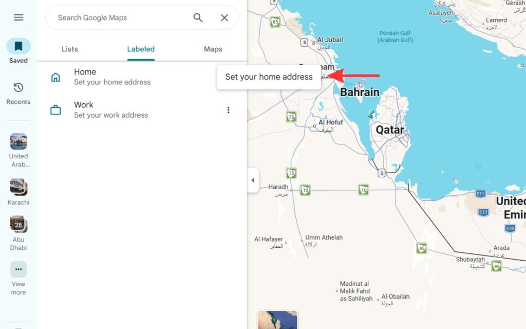 A Google Maps web view on a desktop highlighting the "Set your home address" prompt under the Labeled tab.