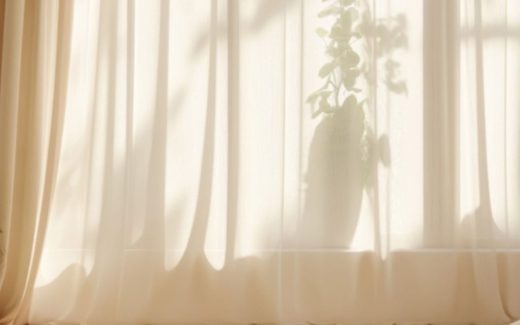 White curtains letting in sunlight.