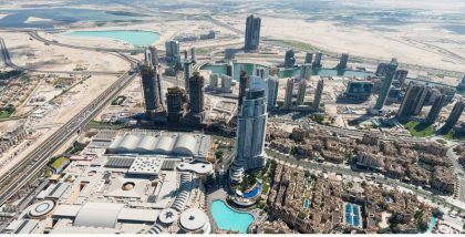 High-angle aerial view of Downtown Dubai